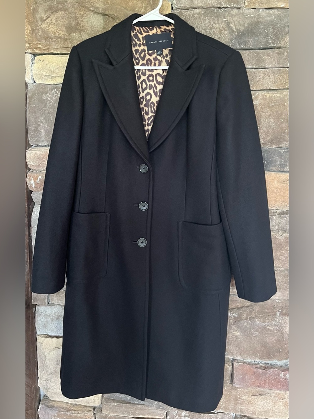 Banana Republic Women’s Black Wool Blend Long Coat Leopard Lining Size XL